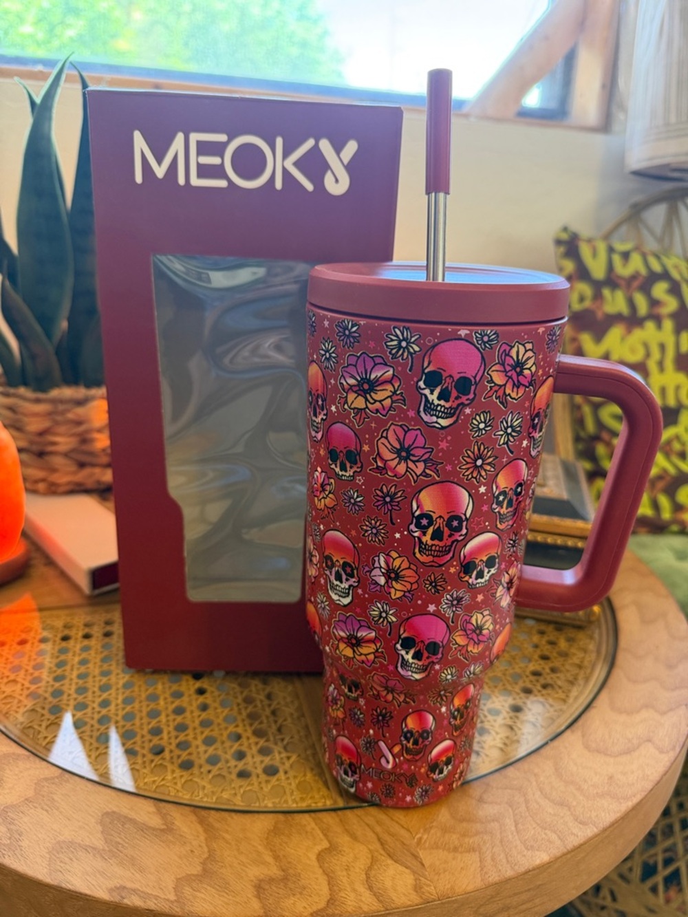 Red Skull Floral Insulated Travel Mug with Lid & Straw